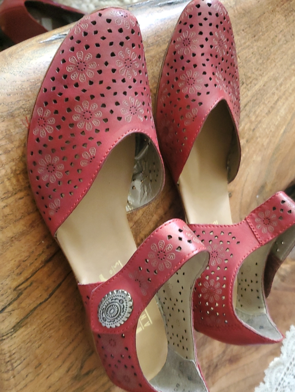Reiker Women's Red Floral Perforated Slip-On Mules with Decorative Button